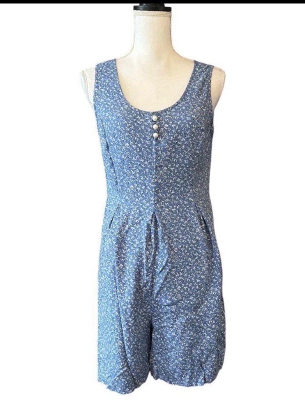 Vintage Moda International Blue Floral Rayon Romper Pearl Buttons Size M